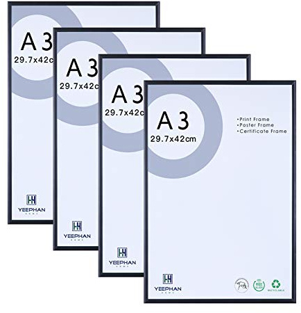 A3 Aluminum Photo Frame with Perspex Glass Front, Black Metal Picture Frame | 29.7 x 42cm Frame for Wall Mount and Home Decor, Set of 4