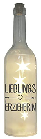WB wohn trends LED-Flasche mit Motiv, Lieblings-Erzieherin, grau, 29cm, Flaschen-Licht Glitzer-Flasche Leuchtflasche Lampe mit Text Spruch