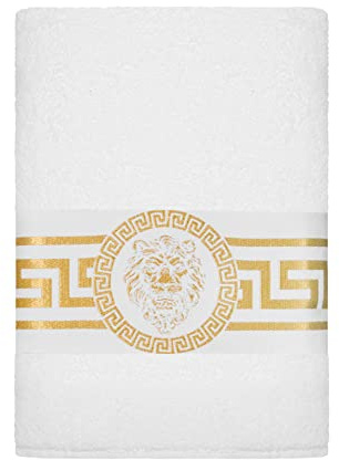 Belle Arti Serviettes de douche Premium Mäander Lions et Amphore - Serviettes de douche en coton éponge moelleux en différentes tailles en blanc et noir (70 x 140 cm, blanc)