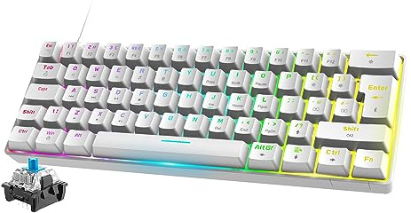 FELiCON x ZIYOU LANG T60 Mini 60% RGB Tastiera da Gioco, Interruttore Blu Meccanico con 62 Tasti Compatti, 18 LED Chroma Retroilluminati Personalizzabili, Cavo USB Type-C QWERTY per PC Mac-Bianco