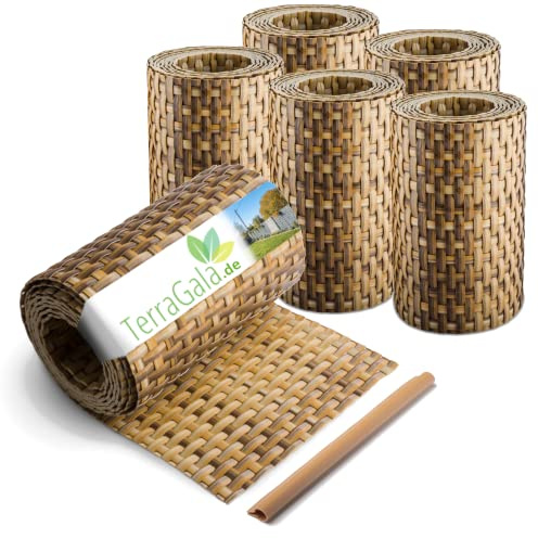 TerraGala Rattan Sichtschutz-Streifen | 6 Stück | Strohfarben | 255cm x 19cm | Sichtschutz für Stabmattenzaun | Polyrattan Sichtschutz mit Flechtoptik | inklusive Befestigungsclips