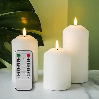 Eywamage Flackernde flammenlose Säulenkerzen mit Fernbedienung, 3er-Set weiße LED-Kerzen aus Echtwachs, batteriebetrieben für Zuhause, Ø 7,5 cm (3) & H 10/13/15 cm (4/5/6)