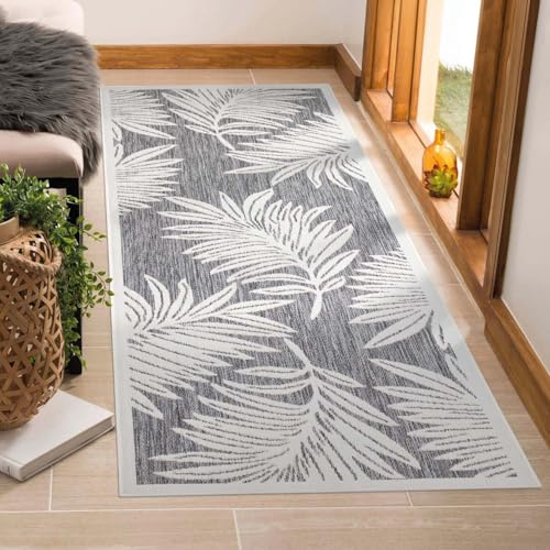 payé Outdoor Teppich Wetterfest - 80x150cm Läufer - Grau Weiß - Pflanzen Muster - Teppiche für Terrasse Balkon Garten Indoor