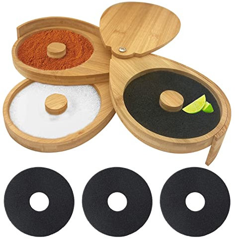 Margarita Salt Rimmer, 3 Tier Bamboo Bar Glass Rimmer for Cocktails, Bar Salt and Sugar for Margarita, Bloody Mary, Manhattan Drinks Bar Party Accessories Bartender Tool Set (Sponge Included)