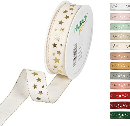 Halbach Weihnachtsband mit Sternen, 25 mm x 18 m, creme/gold | Waschbares Schleifenband in Baumwolloptik, Made in Germany, zum Verpacken und Dekorieren von Weihnachtsgeschenken