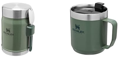 Stanley Classic Legendary Food Jar 0.4L / 14 OZ Hammertone Green avec cuillère-fourchette – Acier inoxydable & Classic Legendary Camp Mug 0.35L / 12 OZ Hammertone Green – Double paroi isolante