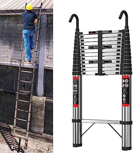 Loft Ausziehleiter mit Haken, 5 m, Edelstahl, Teleskopleiter für den Außenbereich, Wohnmobil, strapazierfähig, 150 kg Kapazität, EN131-geprüft