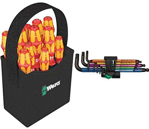 Wera Schraubendreher Set im textilen Köcher Kraftform 2go 100, 11-teilig, 1 Stück, 05004310001 & 950 SPKL/9 SM N Multicolour Winkelschlüsselsatz, metrisch, BlackLaser, 9-teilig, Wera 05022089001