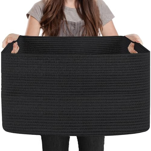 MEGASKET Extra Large Rectangle Storage Basket, 23.6 x 15.7 x 14.1 Black Blanket Storage for Living Room, Large Soft Woven Cotton Rope Organizer, Kids Toy Bins, Wicker