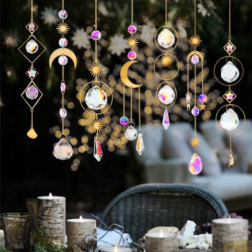 nuyikaso 7 stycken solfångare kristall hängande vindspel regnbåge sol måne hänge kristaller ornament kristallkulor för fönster hus trädgård jul dag fest bröllop dekoration gyllene