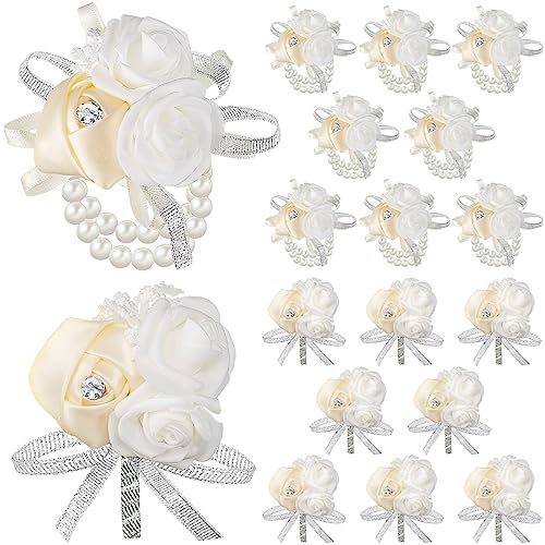 Zeyune 16-teiliges Ansteckblumen- und Knopfloch-Set, 8 Stück künstliche Blumen, Handgelenk, Corsage, Armbänder, Rosen-Ansteckblume für Abschlussball, Party, Anzugdekorationen (weiß)