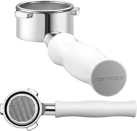 Normcore 54 mm Siebträger ohne Boden, passend für Breville Sage Barista Express-Maschinen, Barista-Qualität nackter Espresso-Siebträger, inklusive 18 g Filterkorb, eloxierter Aluminiumgriff, Weiß