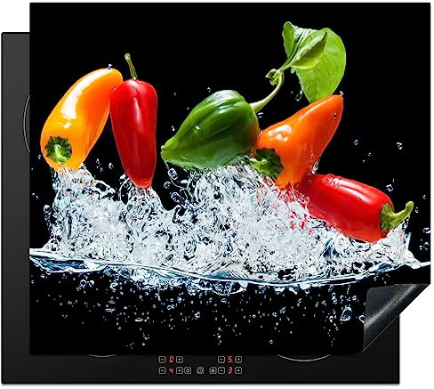 KitchenYeah© Herdabdeckplatte Einteilig Küche Herdabdeckung Induktionsfeld Ceranfeld Herdabdeckplatten Vinyl Matte Aufrollbar Pfeffer - Rot - Schwarz - Gemüse - Wasser - Blatt - Farbe - 59x52 cm