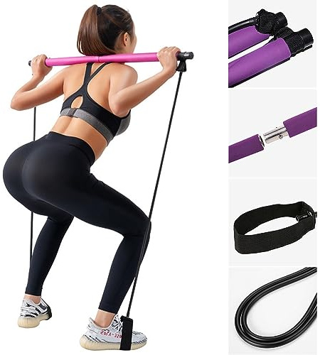 Barre Pilates avec résistance,réglable Barre Pilates Portable,Pilates Bar pour l'étirement, Le Yoga, la Mise en Forme, l'exercice, Les redressements Assis, Perdre du Poids (Violet)