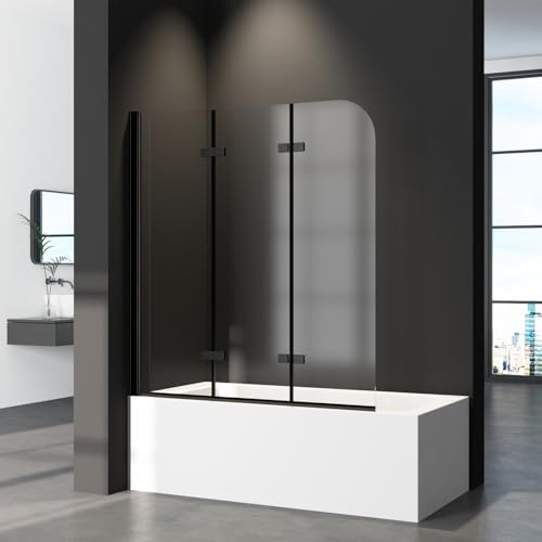 Duschwand für Badewanne 3-teilig Faltbar 130x140cm Schwarz Badewannenaufsatz, Klappbar Glas Duschabtrennung für Badewanne aus 6mm Sicherheitsglas (ESG) mit Nano Beschichtung
