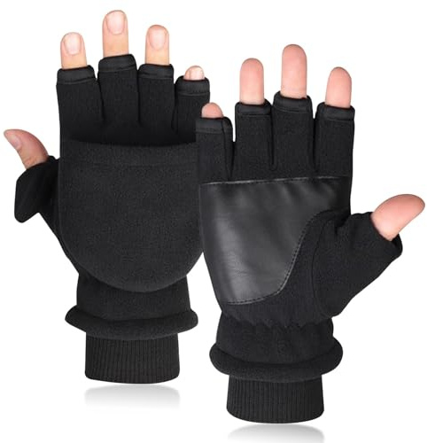 AWAVM 1 par herr 3M Thinsulate fleece vantar handskar konvertibla fingerlösa vantar klaffskydd flera användningsområden, Svart, L