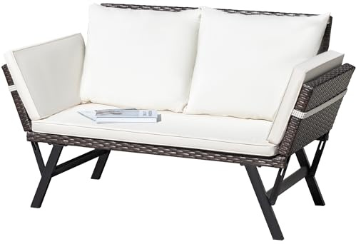Greesum Outdoor-Sofa, gewebte Rattan-Terrassenmöbel, wandelbares Tagesbett oder Doppelstuhl mit verstellbaren Armlehnen, Kissen und Kissen für Hof, Veranda, Pool, braune Liege & beigefarbener