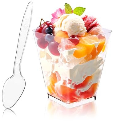 Hiasobre Confezione da 50 bicchieri quadrati da dessert in plastica da 141,7 g, con cucchiai, riutilizzabili, trasparenti, per parfait, antipasti, mini bicchieri da portata per feste, bicchieri da