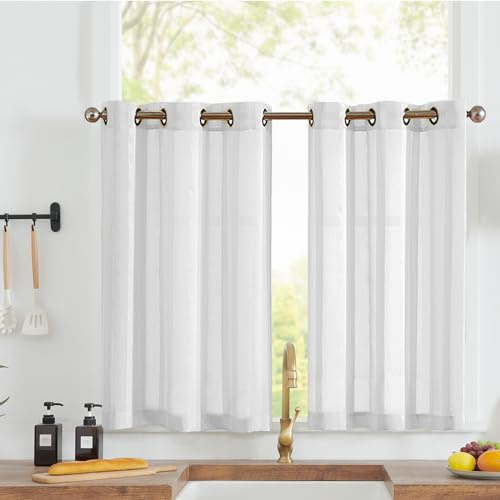 Vangao Scheibengardinen Modern Voile Streifen Küche mit Ösen Weiß Bistrogadine 2er Set 90Bx115Hcm Transparent Fenster Gardinen Kurz Landhaus Kurzstores Küchengardinen Wohnwagen Wohnzimmer Sheer