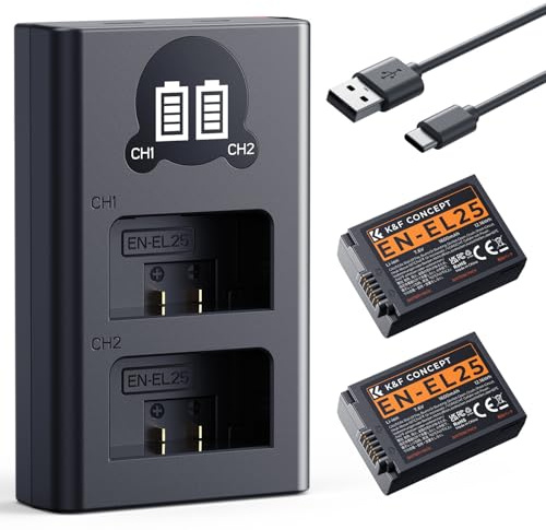 K&F CONCEPT 1600mAh EN-EL25 Battery 2-Pack EN-EL25A Battery and Dual LCD Battery Charger for Nikon Z50II, Z50, Z30, Z FC Camera MH-32 Battery Charger