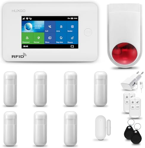 HUXGO® HXA006 Sistema di allarme casa senza fili con radio Sirena esterna solare WiFi + GSM 4G | kit con 1x sensori di allarme per finestre/portes, 7x rilevatori di movimento