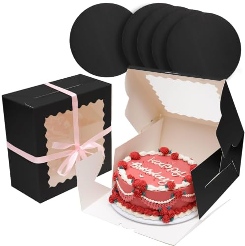 Gcardist 10x10x5 Inch Cake Box, 5 Sets Black Cake Box with Window ＆ 5 Sets 10 Inch Black Cake Round Boards, Cake Containers(25.4x25.4x13cm)