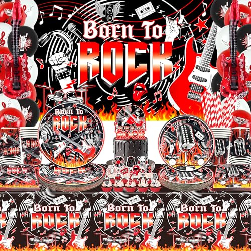 Ywediim Rock and Roll Partydekorationen, einschließlich Born to Rock Hintergrund Banner, Teller, Servietten, Tischdecke, Kuchenaufsätze, Luftballons, Tischdecken, für Rockmusik Thema Party Supplies