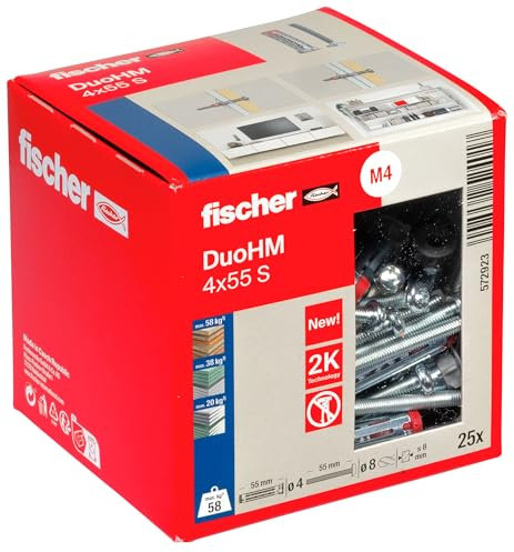 fischer Hohlraumdübel DuoHM 4 x 55 S TX, Plattendübel mit metrischer Panheadschraube und TX-Antrieb zum Befestigen von TV-Halterungen, Leuchten, Wandregalen, uvm. in Plattenbaustoffen, 25 Stück