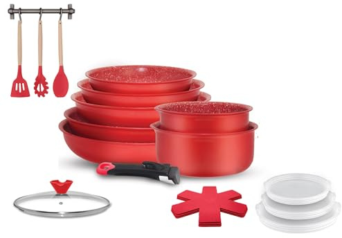 Arthur Martin AMR94 Batterie de cuisine 18 pièces poêles casseroles tous feux dont induction | aluminium antiadhésif, poêles et casseroles, couvercles inclus, tous feux dont induction