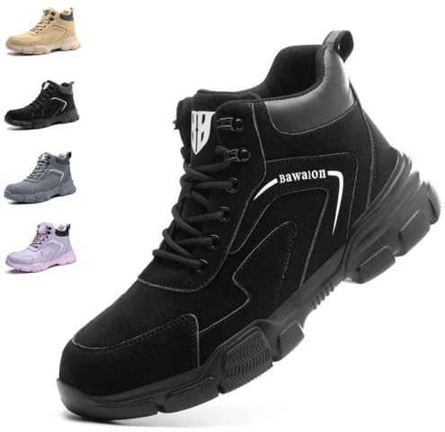Nasogetch Chaussures de Sécurité Hommes Femmes Montante Imperméable Basket de Securite Légère Confortable Chaussures de Travail Antidérapante 9193 Noir 42 EU