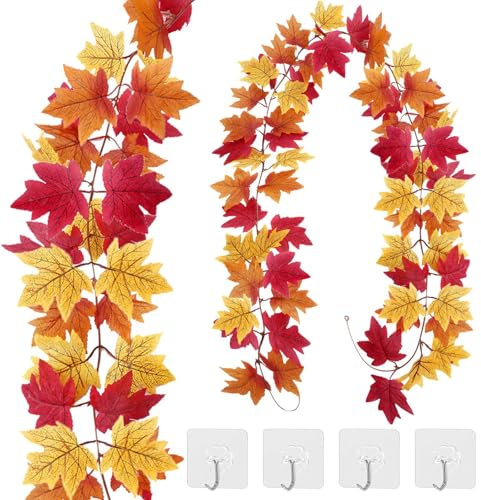VIDSTW 2 Pièces Guirlande Automne avec 4 Crochets Decoration Automne Interieur Guirlande Feuilles Automne Guirlande D’Automne Deco Automne pour Décorer Thanksgiving Noël (3 Types Feuilles)