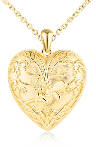 Herz Foto Kette Silber 925 mit Bild: Halskette Damen Engel Medaillon zum Öffnen für Bilder - Mode Blumenfee Anhänger Ketten Amulett Schmuck - Personalisierte Geschenk für Frauen Mama Freundin Mädchen