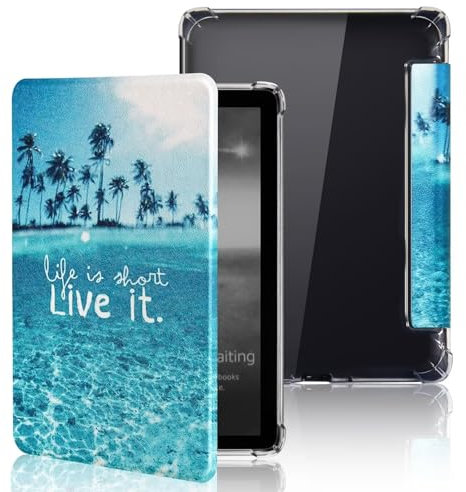 MOKASE Hülle für 7 Zoll Kindle Paperwhite (12. Generation, 2024) & Kindle Colorsoft Signature Edition, Flexible Transparente TPU Bumper PU Leder E-Reader Hülle mit Auto Wake/Sleep, Beach