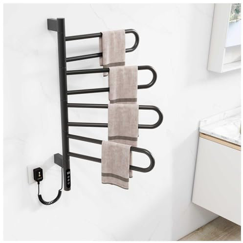 Porta asciugamani riscaldati per bagno, rotazione di 180°, scaldasalviette elettrico con timer, display LED, controllo della temperatura costante, scaldasalviette per bagno plug-in/cablato, grigio (n