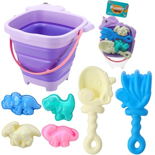 7 Pcs Pool Toys Collapsible Bucket and Spade Set Kids Beach Toys With Animals Molds and Sand Shovels Mesh Bag For Kids Sand Pool Party