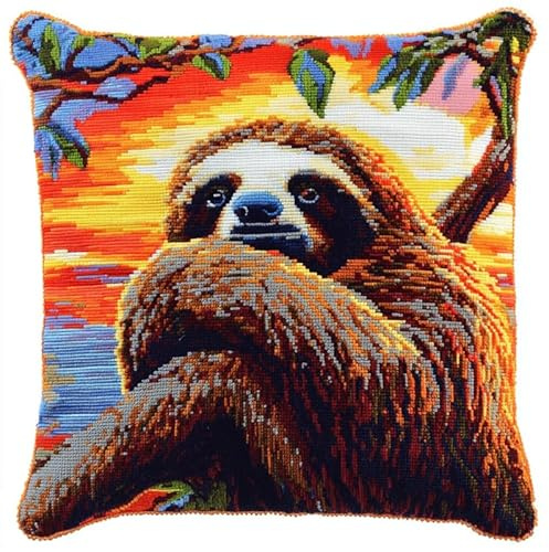 Rqwybcaxn Stickpackung für Kreuzstichkissen vorgedruckt 45x45cm Stickset Kreuzstich Kissen zum Basteln Stickkissen Stickpackung mit Vorgedruckt Kreuzstichmotiv,Tier Faultier