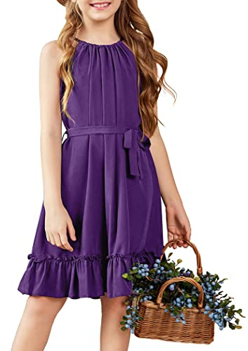 Arshiner Girls Dresses Purple Summer Dress Basic A Line Dress Halterneck Solid Color Dresses Elegant Dress Children Festive Dress Casual School Dress with Belt Girls Clothing 9-10 Years
