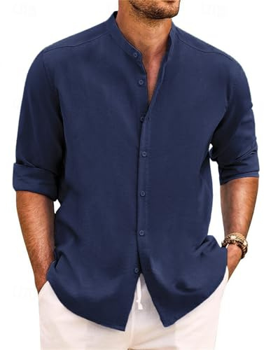 Yageshark Hemd Herren Leinenhemd Langarm Sommerhemd Button Down Stehkragen Hemden Freizeithemd Casual Regular Fit Strandhemd Leinen Shirt(Marine,L)