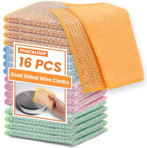 Phafaloop 16 Pcs Multipurpose Wire Dishwashing Rags, Upgraded Dual-Sided Non Scratch Wire Dishcloth, Reusable Metal Wash Cloth, Steel Wool Cleaning Cloths for Kitchen, Cookware, Sinks, Stove Tops