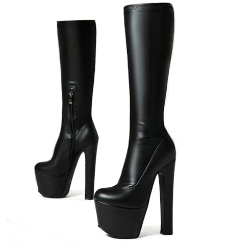Ceciloroda 17cm Ultra-High Block Heels Pole Dance Schuhe Knee High Stretch Stiefel Plateau Dressy Stiefel Stripper Heels für Damen Exotic Lack Black Size 38