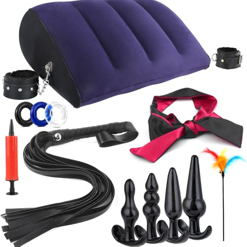 Sexkissen mit Handschellen Sex toys Set 14 Stück Bondage Fesselset SM Sexspielzeug 1x Sexkissen, 1x Peitsche, 1x Augenbinde, 1x Feder Teaser, 1x Luftpumpe, 2x Handschellen, 3x Penisringe, 4x Analplugs