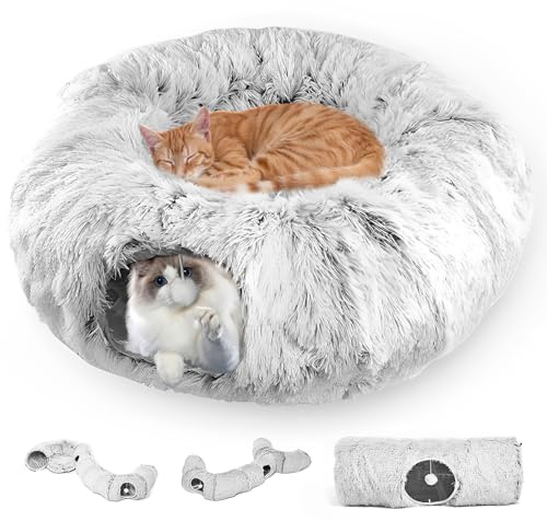 ZONJIE Katzentunnel – XXL Plüsch-Donut für große Katzen, 85 x 26 cm, rutschfestes, weiches Katzenbett mit Matte, Faltbarer Höhlen-Donut mit Spielball (Grau)