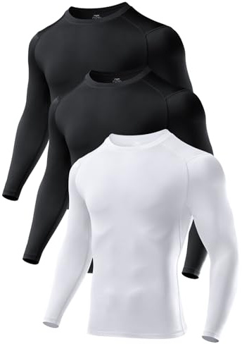 Niksa Lot de 1/2/3 t-shirts de compression pour homme, t-shirt fonctionnel à manches longues, col rond, respirant, pour la course, l'entraînement, le fitness, C noir + noir + blanc (3 pièces), L
