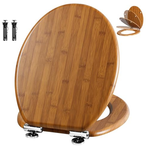 Angel Shield WC-Sitz mit Absenkautomatik, verstellbare Metallscharniere, zu reinigen, O-förmig, 45x37 cm, Holz-Toilettensitze, rutscht nicht für Badezimmer(Bambusoptik)