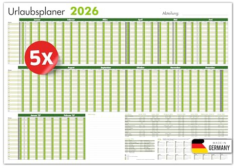 PRIMUS PRINT - Mitarbeiter Urlaubsplaner - Wandkalender 2026 - Monatskalender - A1-594x841mm - bis zu 20 Mitarbeiter - Urlaubskalender - inklusive Feiertagen - diverse Ausführungen [5x Gerollt, Grün]