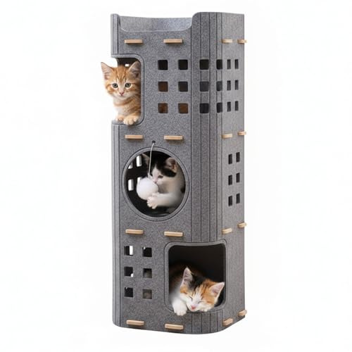 Caossuixin 4-Stöckige Katzenhöhle aus Filz,Katzenhaus Indoor mit Spielball,Faltbares Porös Katzenbett zum Schlafen Spielen Verstecken,Winterfest,Abnehmbar Gemütliches Kätzchennest, 90x37x37cm(Grau)