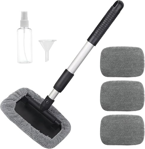 Spazzola per lavaggio auto con manico telescopico, set con 4 spazzole di lavaggio, pulitore per parabrezza, pulitore per parabrezza, pulizia interni auto, colore grigio microfibra