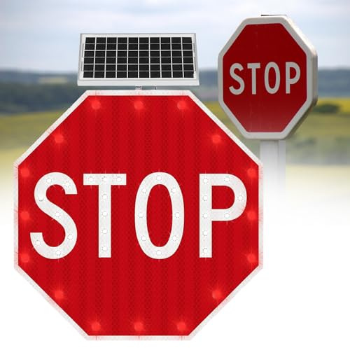 Cartello stop in alluminio per esterni con segnale di stop lampeggiante a LED rossi brillanti, energia solare integrata, impermeabile, Fori preforati per montaggio facile, per parcheggi stress-free