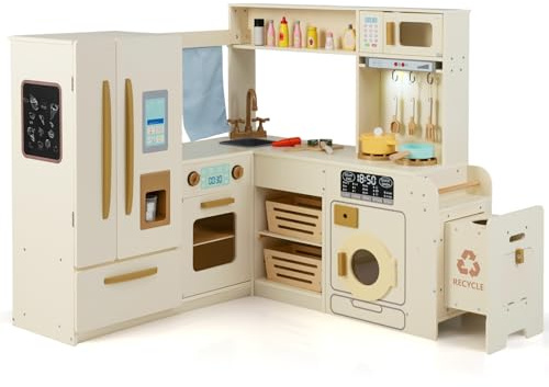 COSTWAY Cucina Giocattolo Angolare in Legno, Set di Cucina Giocattolo per Bambini con Luci e Suoni, Frigorifero, Fabbricatore di Ghiaccio, Microonde e Lavatrice, per Bambini dai 3+ Anni (Beige)