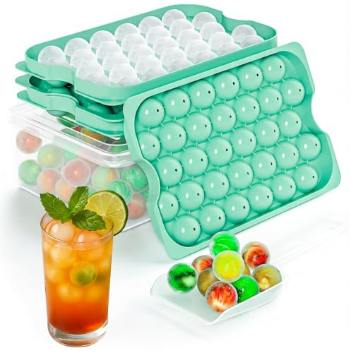 Ozwen Ball Ice Cube Tray with Lid & Container, Round Ice Cube Mould, Ice Ball Maker with Scoop, Stackable Sphere Ice Tray for Freezer, Mini Ice Balls for Iced Coffee, Juice, Cocktails and Cold Drinks